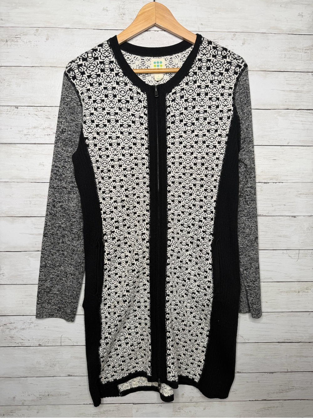 Title Nine Black White Textured Knit Full Zip Sweater Dress Large Wool Blend